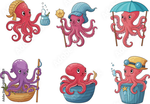 Cute cartoon octopus characters, funny underwater sea animals with hats, umbrellas, bowls, fantasy costumes, marine creatures illustration vector, adorable ocean artwork