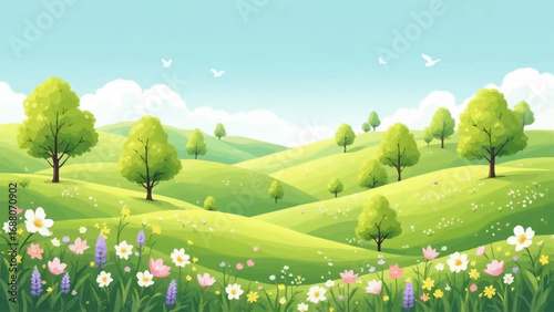 Flat vector spring illustration with green hills, colorful flowers, trees, and birds in a bright clear sky