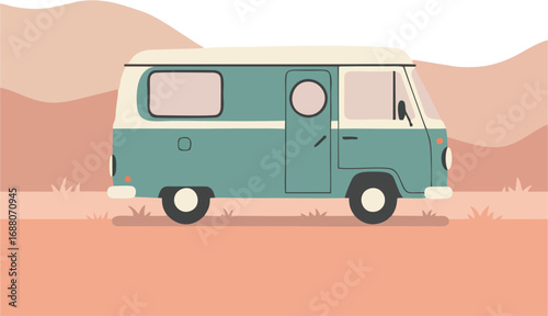 Caravan road trip in desert landscape