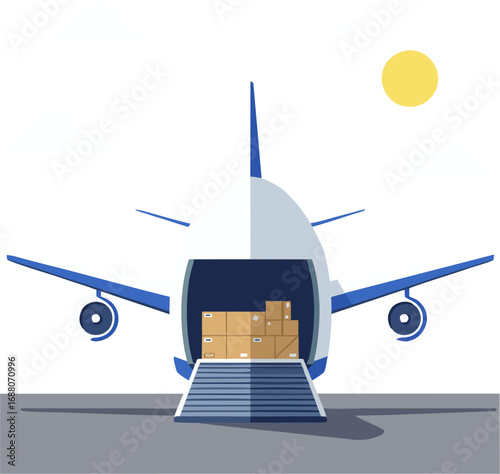 Cargo plane loading boxes on tarmac