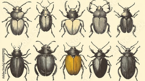Detailed vintage illustration showcasing a variety of beetle species in intricate lines and
