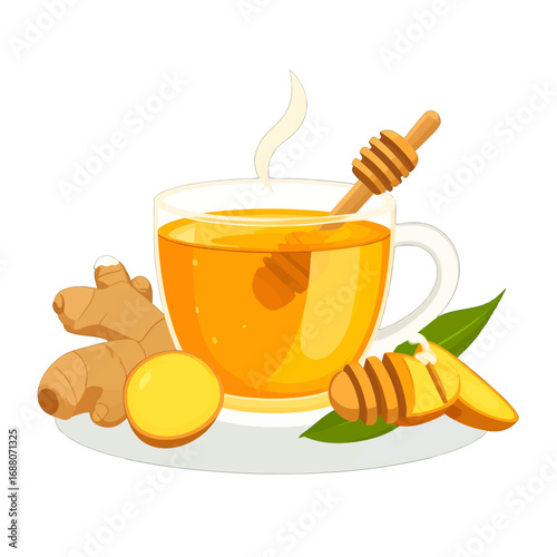 Steaming Ginger Tea in Clear Glass Mug with Honey Stick and Sliced Ginger on White Background