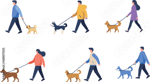 Cartoon illustration of people walking dogs with leash, outdoor activity, pet care, dog training, healthy lifestyle, animal companionship, exercise