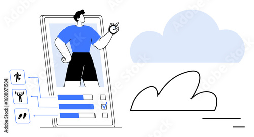 Man standing as a digital avatar in fitness app interface with activity metrics and charts. Ideal for fitness, technology, health goals, self-improvement, apps, cloud integration, simple landing page