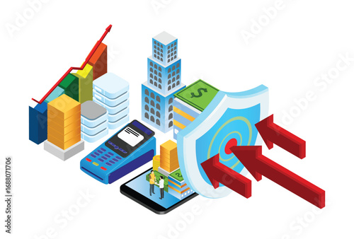 Modern Isometric Privacy Protection Banking Transactions iIllustration, Web Banners, Suitable for Diagrams, Infographics, Book Illustration, Game Asset, And Other Graphic Related Assets