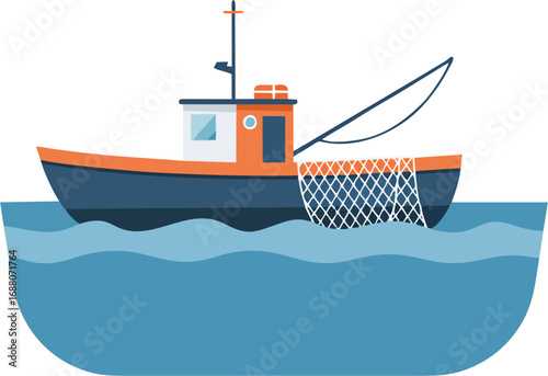 Fishing vessel catching fish in ocean