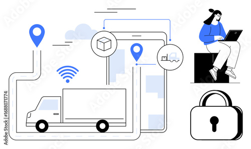 Delivery truck on mapped route, digital tracking via smartphone, locked padlock, woman using laptop. Ideal for supply chain, technology, data security, e-commerce, delivery connectivity simple flat