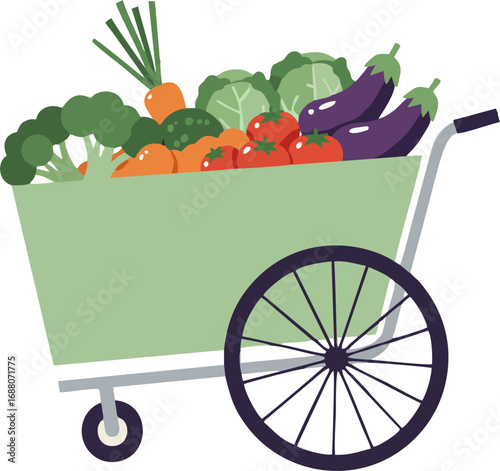 Fresh garden harvest wheelbarrow overflowing with produce