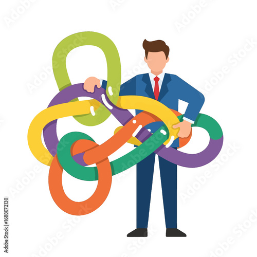 Business Man Untangling Colorful Chain Links in Blue Suit Standing on White Background Problem Solving and Connection Concept with Flat Vector Style