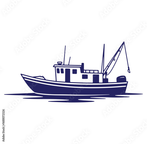 Nautical illustration of a blue and white fishing boat floating on calm waters
