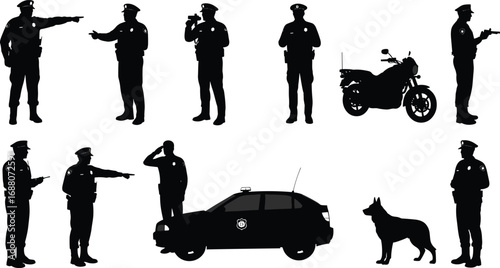 Police, officer, silhouette, vector, set, patrol, radio, salute, car, dog, motorcycle, uniform, arrest, duty, security, handgun, crime, authority, command, illustration