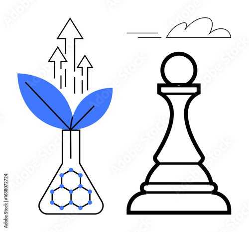 Plant growing from a flask with arrows symbolizing growth, next to a chess pawn representing strategy. Ideal for innovation, leadership, progress, planning, science-based growth, eco-strategy
