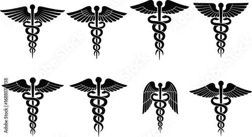 Caduceus symbol vector illustration, black silhouette icon set, medical staff with serpents, healthcare emblem design, wings and snake graphic, isolated sketch