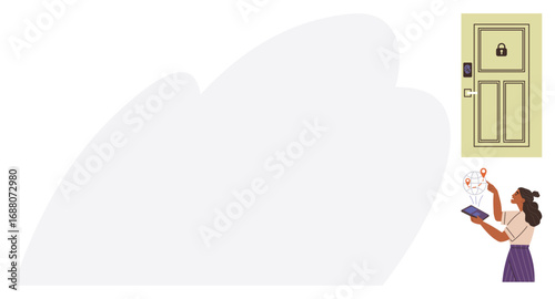 Woman holding a smartphone controlling a smart lock with wireless connection and location icon. Ideal for smart home, technology, innovation, security, home automation, convenience, simple landing