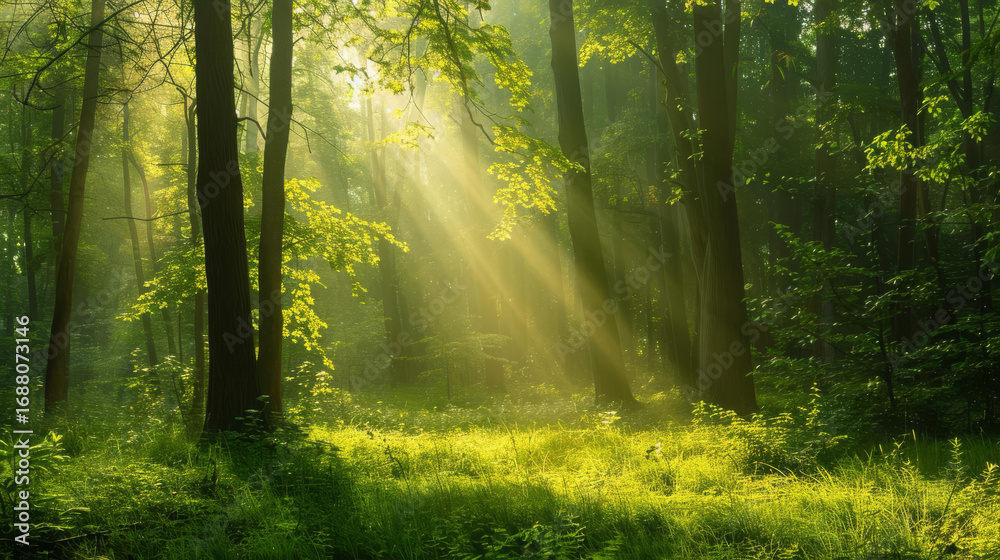 Obraz premium Golden sunbeams stream through the canopy of a lush, green forest, illuminating a peaceful clearing.