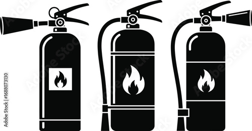 Fire extinguisher silhouette vector, black safety icon, emergency flame control, firefighting equipment sketch, hose nozzle design, isolated graphic, fire protection tool