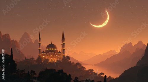 Mosque under the crescent moon