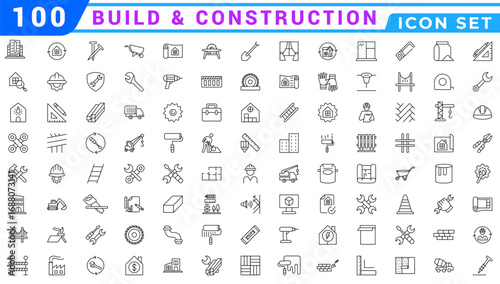 Build and construction icon element set. Containing crane, building, land, excavator, maintenance, contractor, worker, architecture and more. Solid icons vector collection.