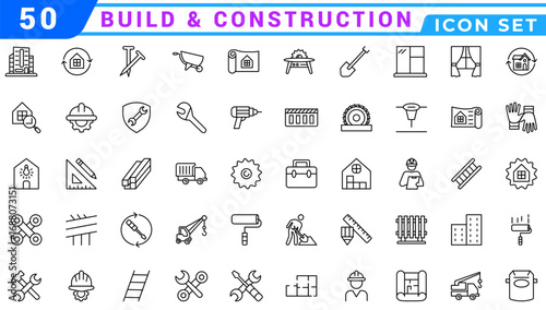 Build and construction icon element set. Containing crane, building, land, excavator, maintenance, contractor, worker, architecture and more. Solid icons vector collection.