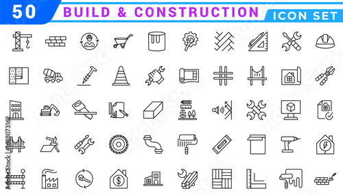 Build and construction icon element set. Containing crane, building, land, excavator, maintenance, contractor, worker, architecture and more. Solid icons vector collection.