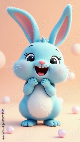 Cheerful and Adorable Cartoon Blue Rabbit with a Fluffy Appearance on Pink Background. Easter bunny.