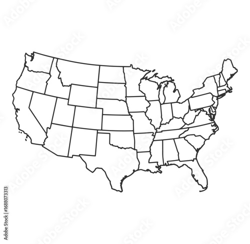 Simple outline map of the united states of america with state borders shown
