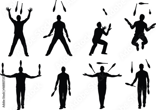 Juggling silhouette vector illustration, black performer icons, club juggling poses, circus skill movement, athletic performance design, isolated entertainment sketch, dynamic action