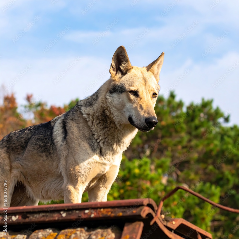 Obraz premium Dog standing on a rooftop