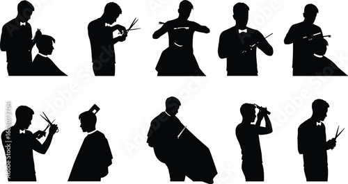 Silhouette vector illustration of barbers cutting hair with scissors and combs in barbershop scenes, showcasing professional grooming service.