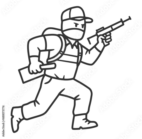 Vector illustration depicting a running pest control worker with spraying equipment