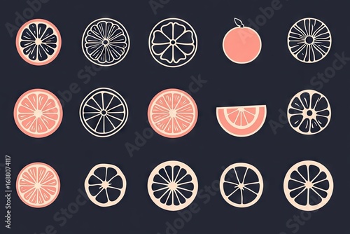 A collection of stylized citrus fruit illustrations, primarily oranges, depicted as whole, halved, and segmented slices in various line art and solid color styles against a dark background