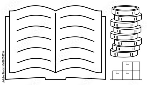 Open book next to stacked coins and organized boxes symbolizing knowledge, financial growth, and supply management. Ideal for education, investment, business, economy, organization, trade flat