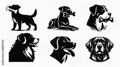 Collection of dog breed silhouettes with bones silhouette