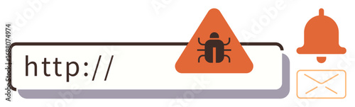 Malware alert with red triangle and bug in browser bar, email envelope, notification bell icon. Ideal for cybersecurity, hacking, malware prevention, phishing warning, online threats, digital safety