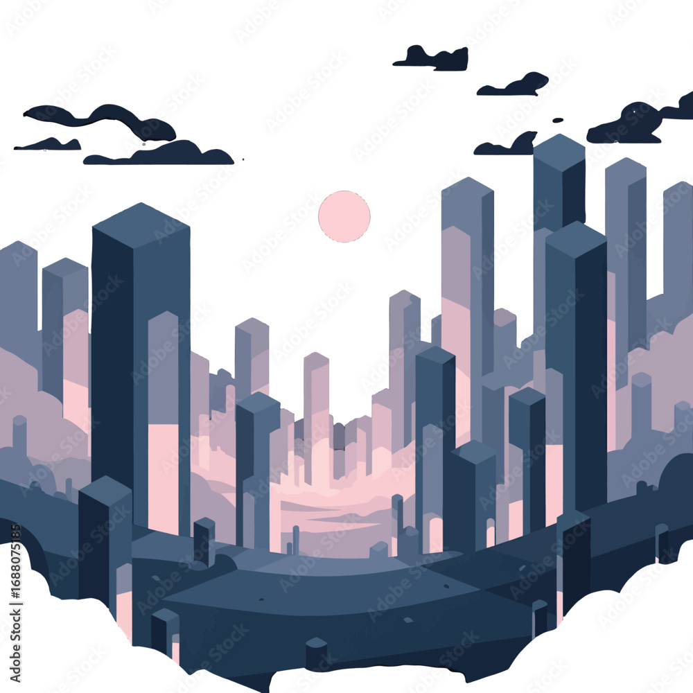 Obraz premium Pixel Art Cityscape with Tall Buildings and Pastel Sky at Sunset