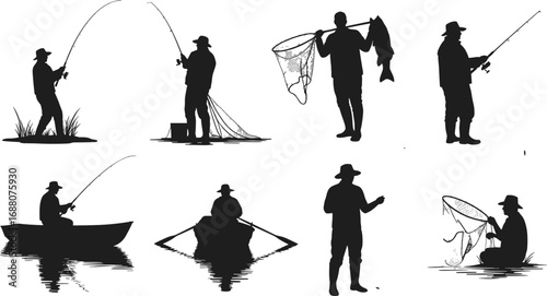 Silhouettes of fishermen fishing with rods, nets, holding fish, sitting in boat, river, lake, outdoor sport, fishing hobby, nature