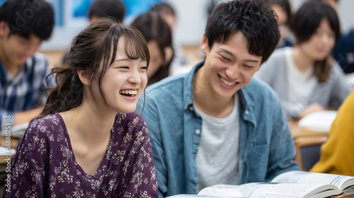 笑顔で授業・講義を受ける日本人の男女の学生たち、教室, 勉強, 友情, 楽しい, 大学生活