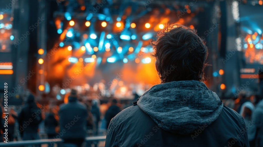 Obraz premium security personal from behind at a small musicfestival looking at the stage, blue and orange lights on the stage. at noon. realistic