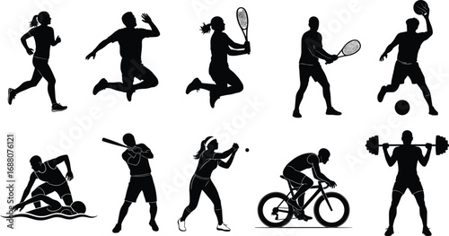 Sports silhouettes, athletes playing basketball, baseball, cycling, running, swimming, tennis, fitness, exercise, active lifestyle, sports training, competition, outdoor activities