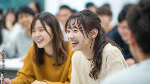 笑顔で授業・講義を受ける日本の学生・女子大生たち、教室, 勉強, 友情, 楽しい, 大学生活