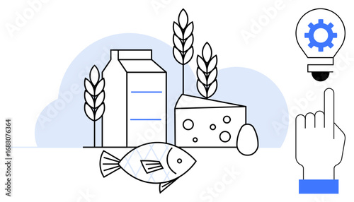 Milk carton, cheese, egg, fish, wheat, and idea light bulb with a hand icon. Ideal for food industry, agriculture, sustainability technology innovation natural resources and eco-friendly