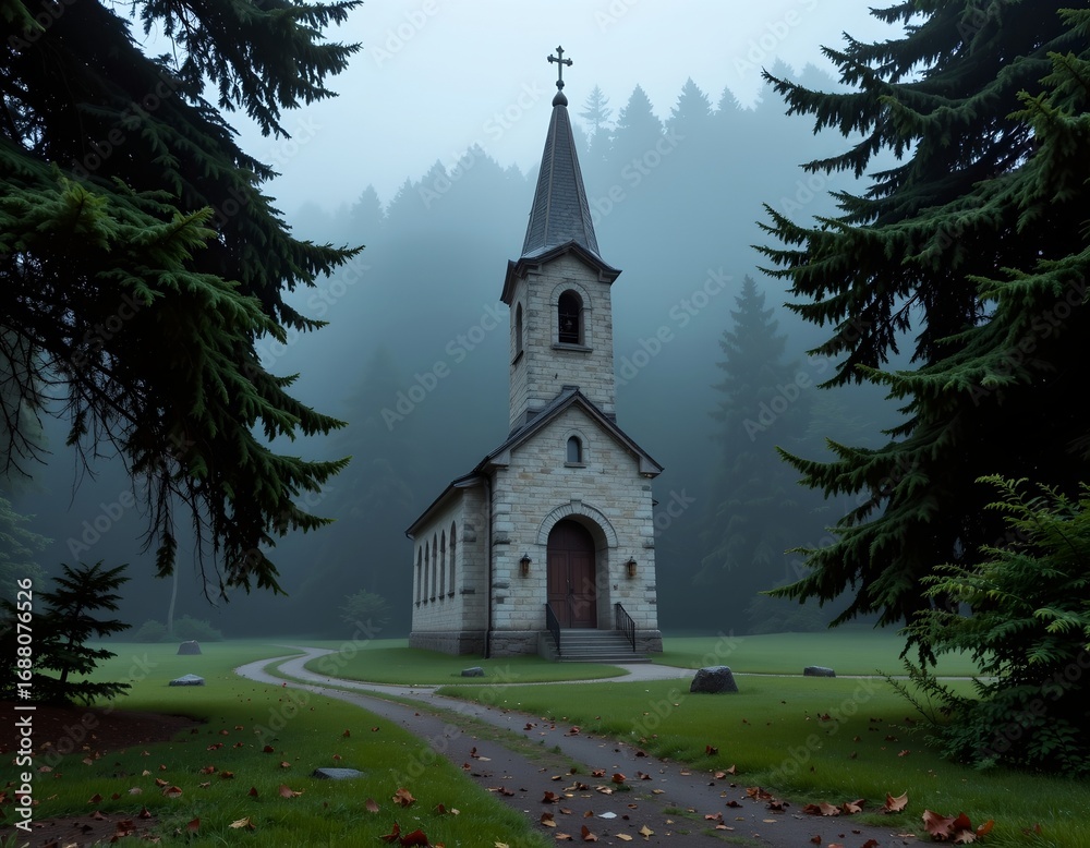 Fototapeta premium Misty Forest Church Amid Evergreen