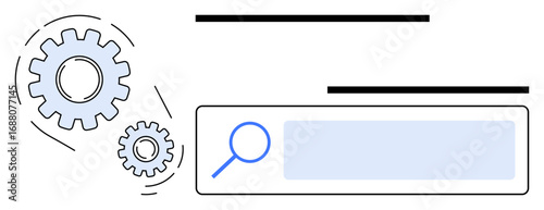 Gears interconnecting next to a magnifying glass in a search bar, signifying SEO processes. Ideal for technology, strategy, teamwork, innovation, research, efficiency, simple landing page