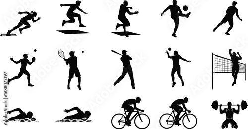 Sports silhouettes, athletes running, jumping, swimming, cycling, playing volleyball, baseball, tennis, exercising, fitness, competitive sports, outdoor activities, active lifestyle, workout, training