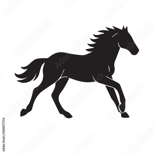 Vector design of a horse silhouette, presented in simple black and white theme, with sharp clean structure and bold outline strongly defined in black.
