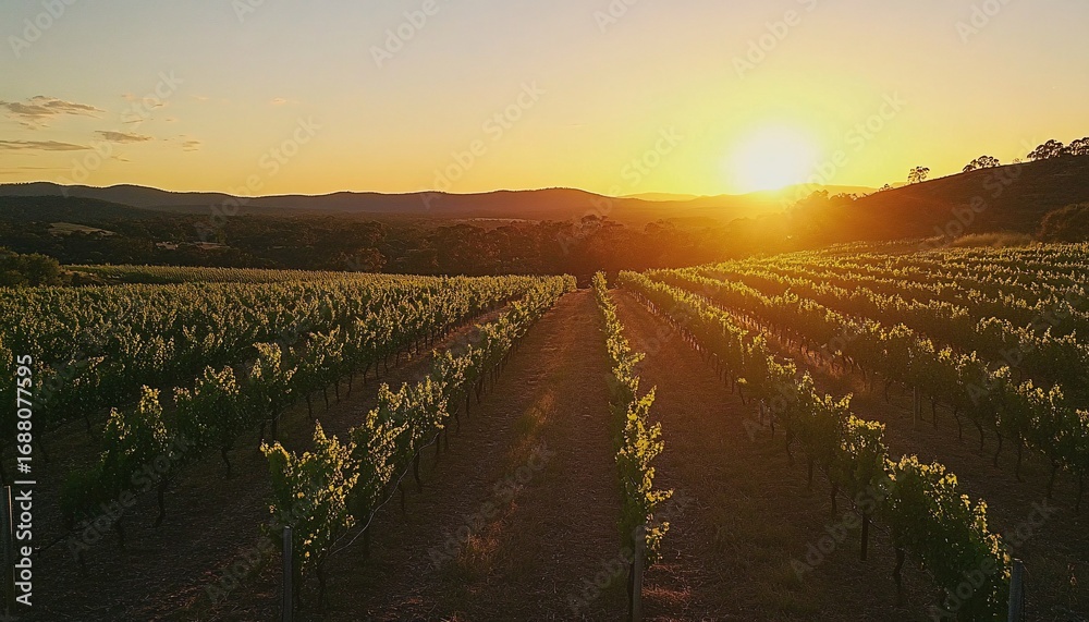 Fototapeta premium Rows of grapevines stretch across the landscape as the sun sets behind distant mountains, casting a warm golden light.