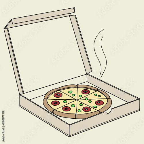Delicious hot pizza in open box vector illustration scalable food graphic icon