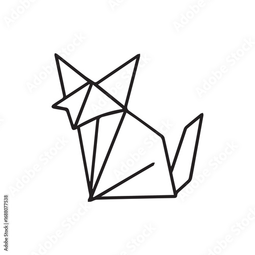 Vector minimalist illustration of an origami cat, created in simple black and white theme, showing folded paper details with bold outline strongly emphasized black.