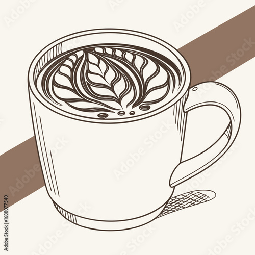 Vector illustration of a cappuccino mug with detailed frothy latte art drawing