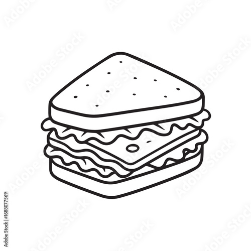 Vector minimalist illustration of a sandwich breakfast, designed in simple black and white theme, showing bread layers with bold clean outline strongly emphasized black.